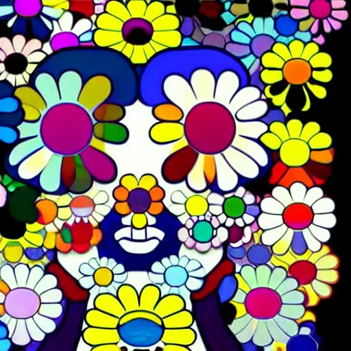 Image similar to silhouette of man's head exploding into flowers, bright colors, Takashi Murakami, Minimalist,