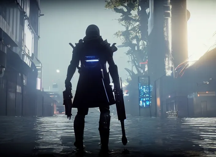 Image similar to 4k 60fps in-game destiny 2 gameplay showcase dark, misty, foggy, flooded rainy tokyo japan street in Destiny 2, liminal creepy, dark, dystopian, abandoned, highly detailed