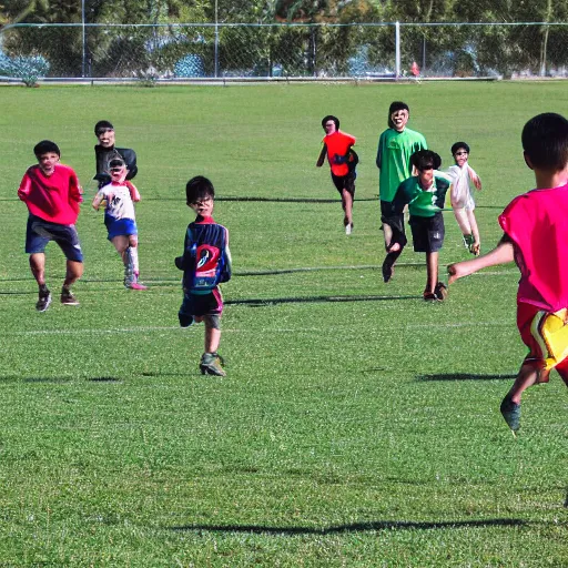 Prompt: digital camera photo of a kid scored a goal in soccer match and run to celebrate with his friends. digital camera, dcim.