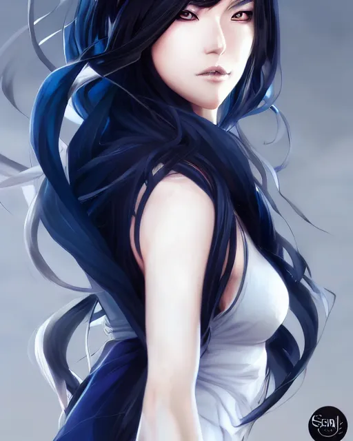Image similar to anime character portrait of a female martial artist!! long black hair! blue eyes! dynamic pose!! elegant, intricate outfit, fine details by stanley artgerm lau, wlop, rossdraws, james jean, andrei riabovitchev, marc simonetti, and sakimichan, trembling on artstation