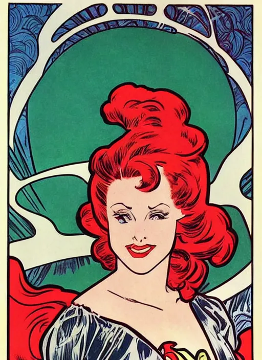 Prompt: a woman with red hair. she is a superhero, wearing a superhero costume. well composed, clean elegant painting, beautiful detailed face. retro comic book art by steve ditko and jack kirby and ( alphonse mucha )