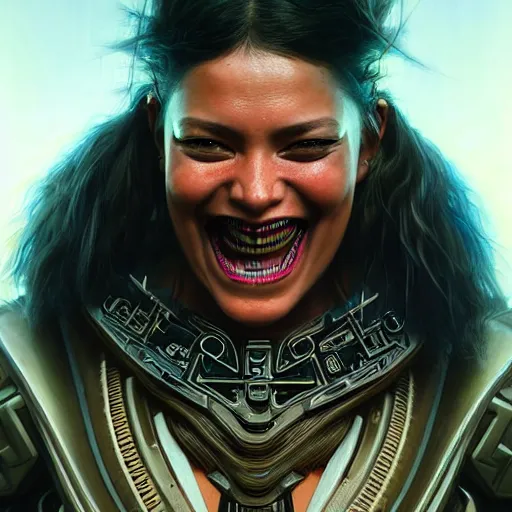 Image similar to portrait painting of a proud cyberpunk maori warrior laughing, ultra realistic, concept art, intricate details, eerie, highly detailed, photorealistic, octane render, 8 k, unreal engine. art by artgerm and greg rutkowski and magali villeneuve and alphonse mucha