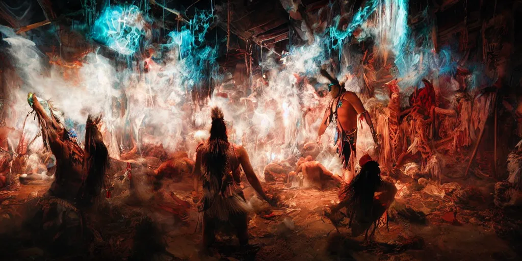 Image similar to of Native American shaman drumming by Liam Wong and Boris Vallejo