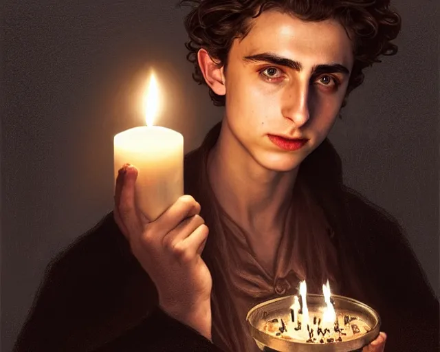 Image similar to a mind - blowing portrait of timothee chalamet, holding a candle holder, wearing dark maritime clothing, long night cap, deep focus, d & d, fantasy, intricate, elegant, highly detailed, digital painting, artstation, concept art, matte, sharp, illustration, hearthstone, art by artgerm and greg rutkowski and alphonse mucha