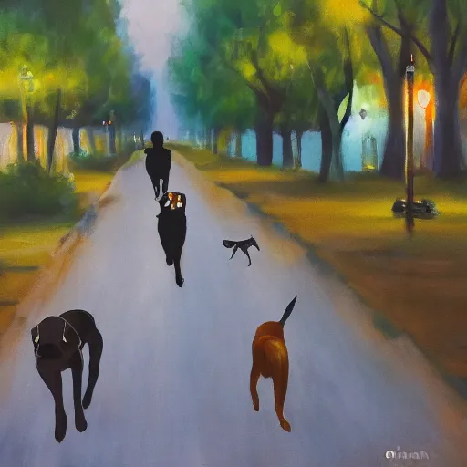 Prompt: dog walking in the night panting