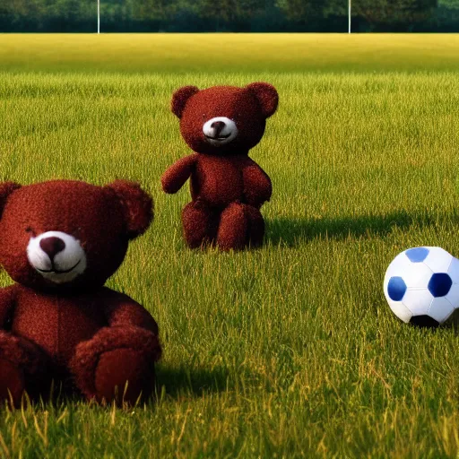 Prompt: teddy bears playing football in a field next to the forest, 4 k, photorealistic, digital image