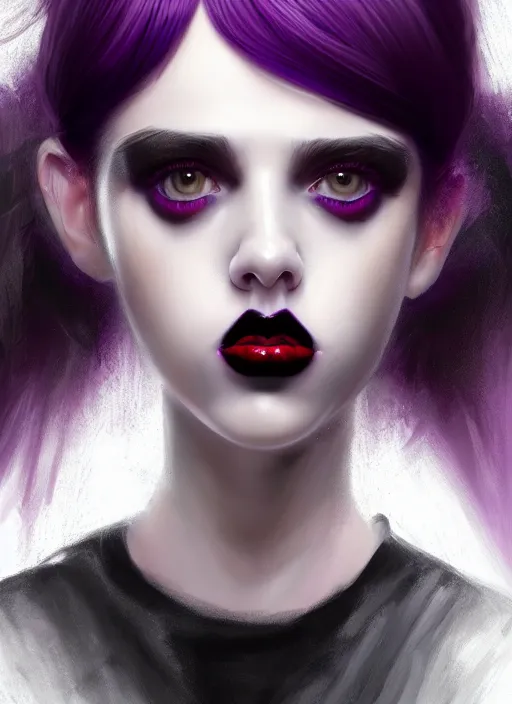 Image similar to portrait of white teenage girl, normal face, black bangs, mall goth, cyberlox, black and white hair, bangs, fluffy bangs, red contacts, purple lipstick, intricate, elegant, highly detailed, digital painting, artstation, concept art, sharp focus, smooth, illustration, art by wlop, mars ravelo and greg rutkowski