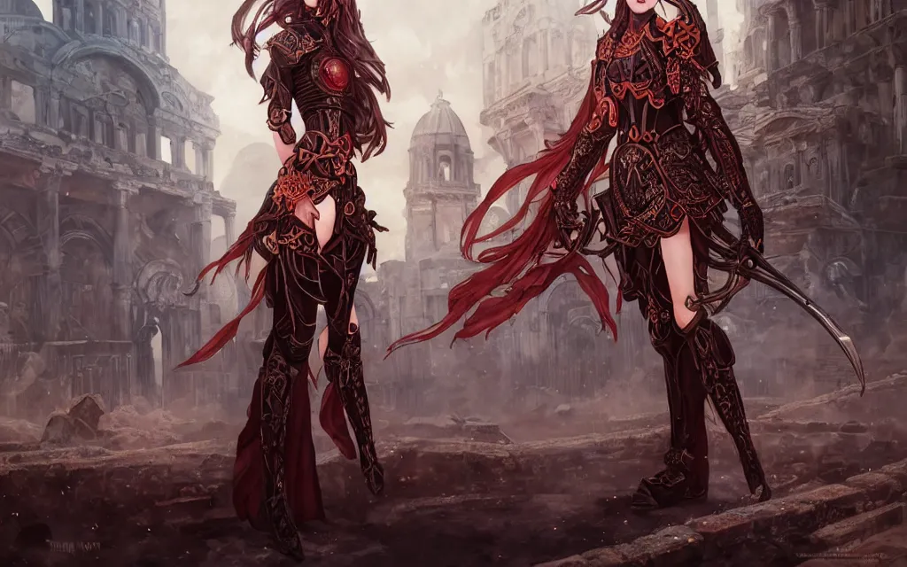 Prompt: knights of zodiac girl + smoky eyes, black and reddish armor, knight cinematic shot, in ruined agora of athens, ssci - fi and fantasy, intricate and very very beautiful and elegant, highly detailed, digital painting, artstation, concept art, smooth and sharp focus, illustration, art by tian zi and wlop and alphonse mucha