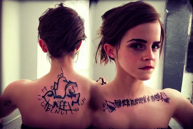 Image similar to emma watson, dope tattoo, hyperrealistic