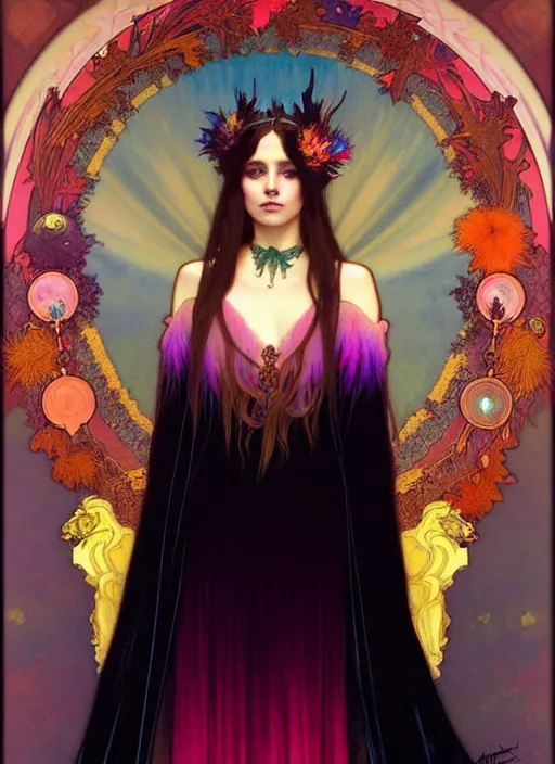 Image similar to ombre velvet gown, feathers, vivid colors, lovely dark autumn princess, portrait, long hair, tiara, jeweled choker, by alphonse mucha, brom, greg rutkowski, anato finnstark