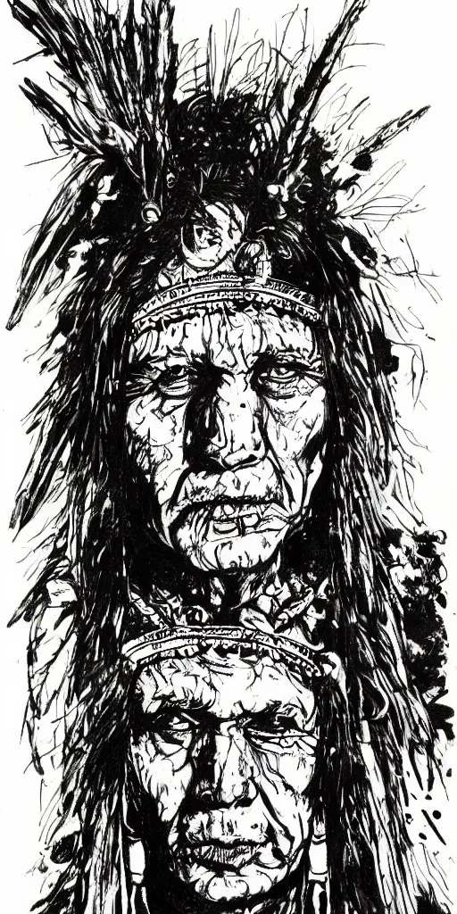 Image similar to a loose wild messy ink sketch portrait of a Native American shaman in the style of ralph steadman, caricature, dramatic