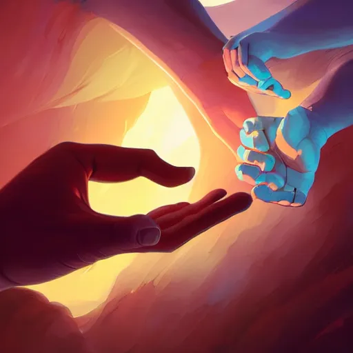 Image similar to a hand reaching out to another hand, behance hd by jesper ejsing, by rhads, makoto shinkai and lois van baarle, ilya kuvshinov, rossdraws global illumination ray tracing hdr radiating a glowing aura