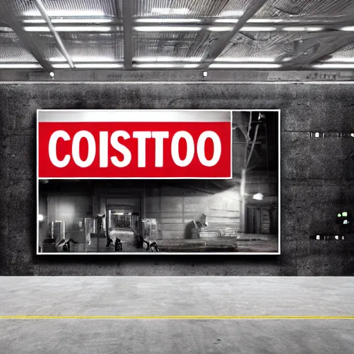 Prompt: Hyper realistic, Plastic Costco Membership card advertisement on the wall on an industrial complex, extreme detail, dystopian, Orwellian, cinematic composition, cinematic light, criterion collection, reimagined by industrial light and magic, Movie by David Lynch and Ridley Scott