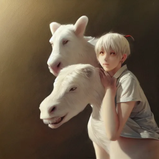 Image similar to a person hugging a large white animal, a detailed painting by krenz cushart, pixiv contest winner, fantasy art, official art, detailed painting, pixiv. highly detailed. 4 k masterpiece. photo realistic. realism. photorealism wideshot