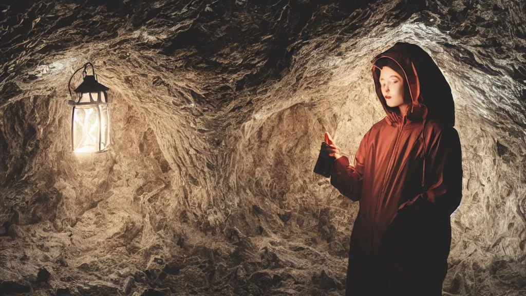 Prompt: a woman's in a clear hooded rain jacket holding a lantern standing in a dark crystal cave