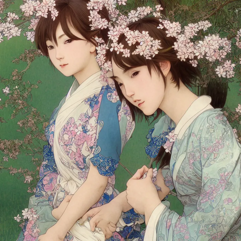 Image similar to portrait of a girl, sakura tree in background, yukata clothing, real faces, anime style, short hair, hair down, symmetrical facial features, realistic hands, hyper realistic, 4 k, extreme detail, detailed drawing, trending artstation, realistic lighting, by alphonse mucha, greg rutkowski, sharp focus, backlit