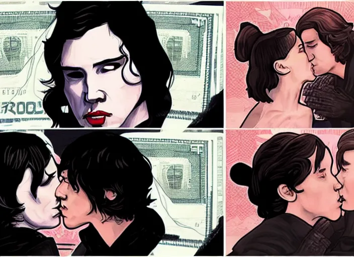 Image similar to reylo kissing, dollar bill!!!, rey and kylo ren