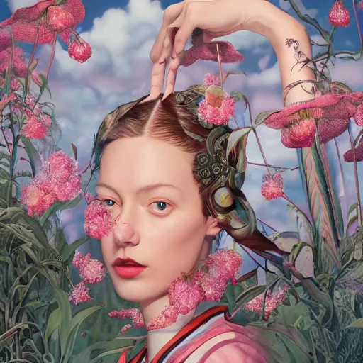 Image similar to pretty model with botanical and clouds : : by martine johanna and simon stalenhag and chie yoshii and casey weldon and wlop : : ornate, dynamic, particulate, rich colors, intricate, elegant, highly detailed, vogue, harper's bazaar art, fashion magazine, smooth, sharp focus, 8 k, octane render