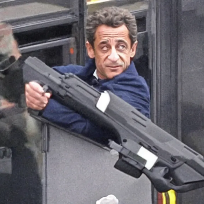 Prompt: picture of Nicolas Sarkozy with a glock, very very low quality security footage heavy grainy picture