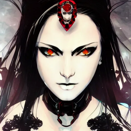 Image similar to beautiful pale - skinned goth girl with a red diamond on her forehead, yoji shinkawa