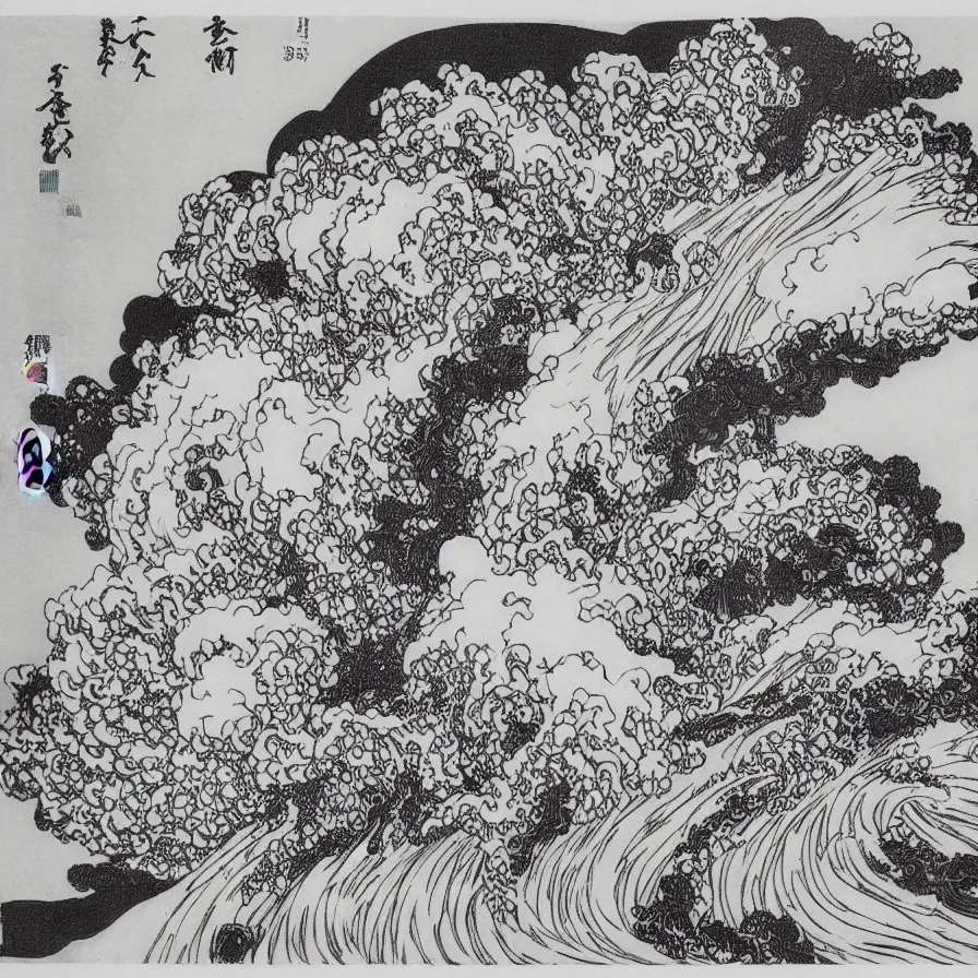 Image similar to japanese black and white lineart of an erupting volcano, hokusai style