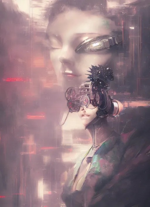 Image similar to matte painting, by yoshitaka amano, by ruan jia, by conrad roset, by good smile company, detailed anime 3d render of a female mechanical android, portrait, cgsociety, artstation, quirky mechanical costume and grand headpiece, surreal mystical atmosphere