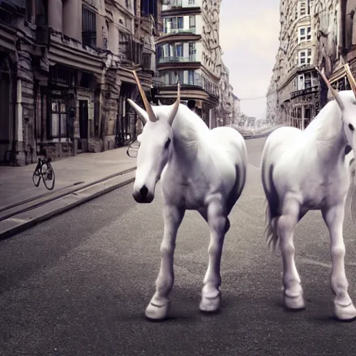 Image similar to two white unicorns riding bikes in city street, photoreal