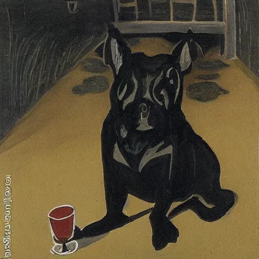 Image similar to a small black dog drinking beer by charles e. burchfield