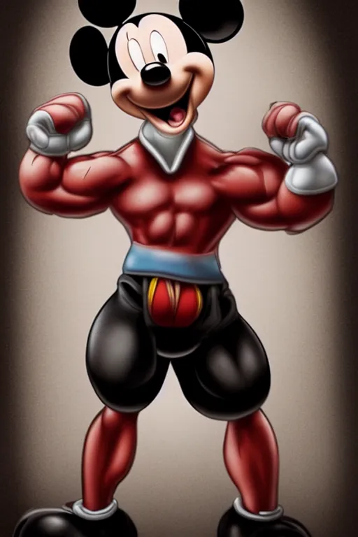 Image similar to muscular mickey mouse, mickey mouse bodybuilder, photorealistic, highly detailed,