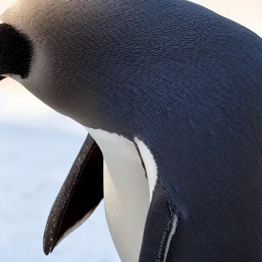 Image similar to pinching hand emoji in front of a sad penguin, the penguin is crying, high resolution photo