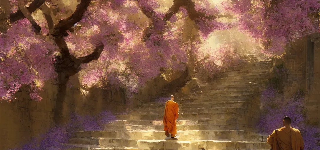 Prompt: A monk walks up stairs lined with cherry blossom trees and jacaranda trees, golden hour, by Craig Mullins, arstation, concept art