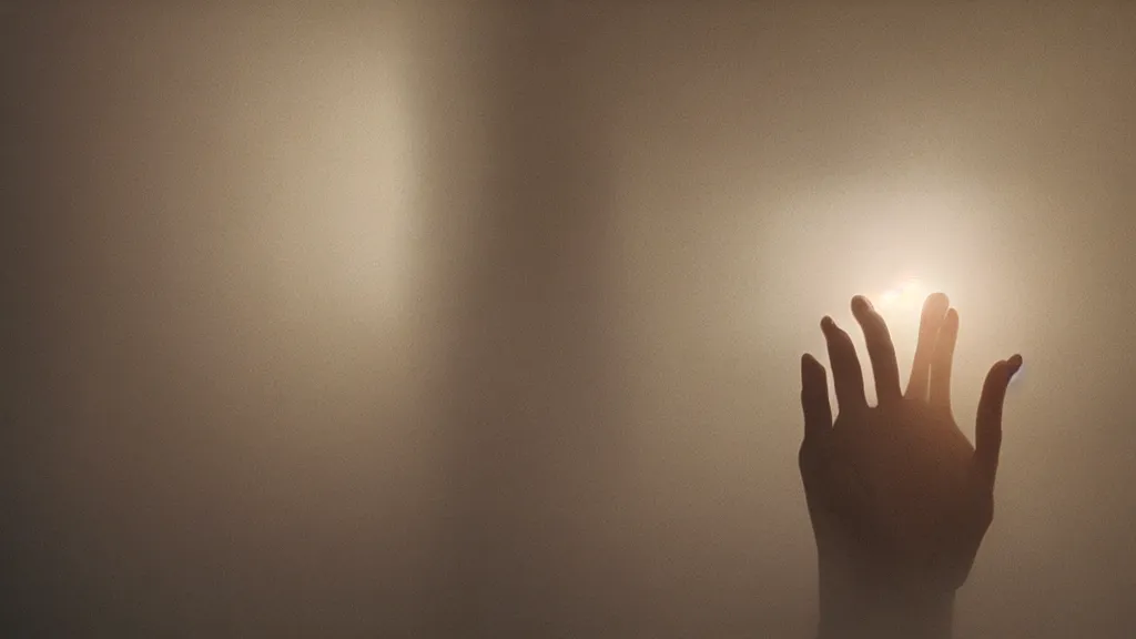 Image similar to the giant hand reaches inside our living room, film still from the movie directed by Denis Villeneuve with art direction by Zdzisław Beksiński, wide lens, golden hour