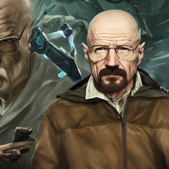 Image similar to walter white as a character in the game league of legends, with a background based on the game league of legends, detailed face