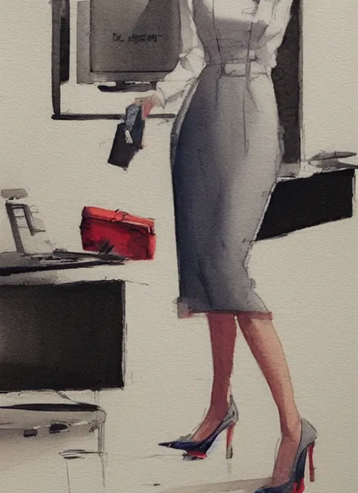 Image similar to concept art of a modern office life, young attractive business woman, pencil miniskirt, pinterest, artstation trending, behance, watercolor, by coby whitmore, silver, laser light,