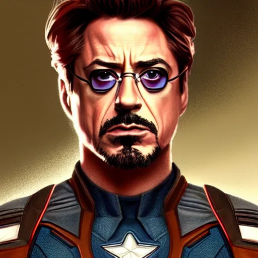 Prompt: handsome Robert Downey Jr as Captain America, western, closeup, D&D, fantasy, intricate, elegant, highly detailed, digital painting, artstation, concept art, matte, sharp focus, illustration, art by Artgerm and Greg Rutkowski and Alphonse Mucha