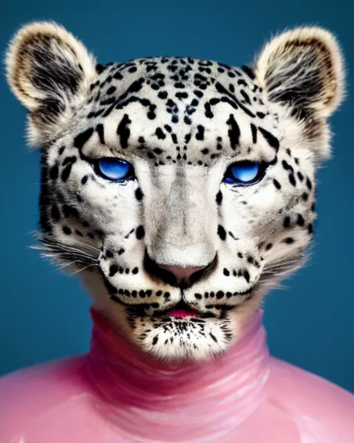 Image similar to natural light, soft focus portrait of a cyberpunk anthropomorphic snow leopard with soft synthetic pink skin, blue bioluminescent plastics, smooth shiny metal, elaborate ornate head piece, piercings, skin textures, by annie leibovitz, paul lehr