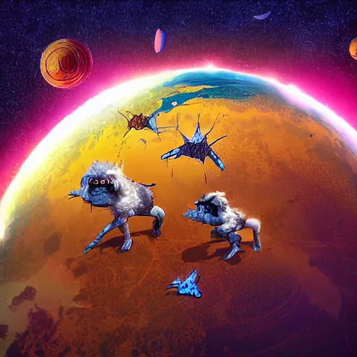 Image similar to laser war between funny creatures on a planet, digital art, award winning 4K