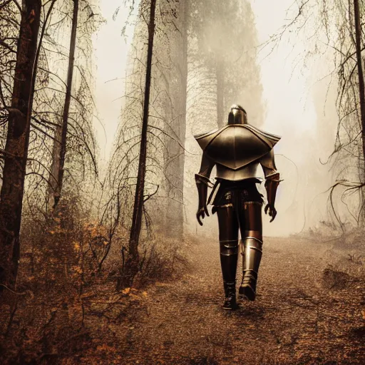 Prompt: a mam wearing medieval knights armor walking in a forest fire, photography, movie still, dslr 5 5 mm, 4 k