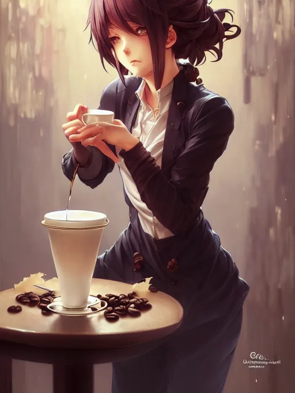 Prompt: full body picture of a bariste drip a coffee, calm and chill, beautiful and aesthetic, intricate, unreal engine, messy hair, highly detailed, detailed face, smooth, sharp focus, chiaroscuro, manga illustration, artgerm, greg rutkowski, ilya kuvshinov, rossdraws, alphonse mucha, young adult light novel cover art