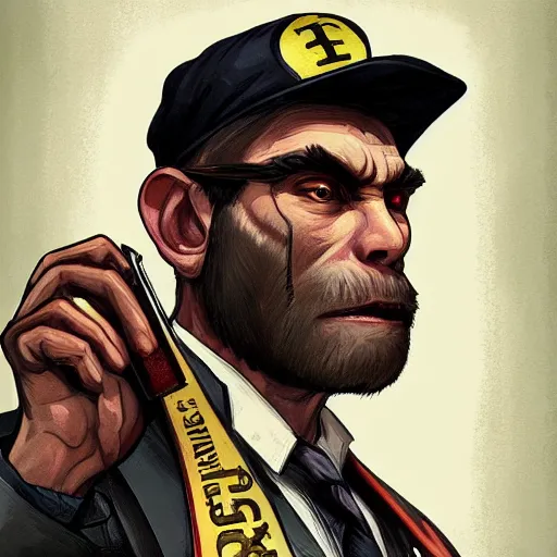 Image similar to [Monkey as president of Banana as GTA character, propaganda!, closeup, D&D, intricate, elegant, highly detailed, digital painting, artstation, concept art, matte, sharp focus, illustration, art by Artgerm and Greg Rutkowski and Alphonse Mucha and Enki Bilal]