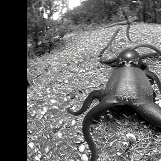 Image similar to a weird land octopus caught on trailcam nightvision footage camera, grainy low quality