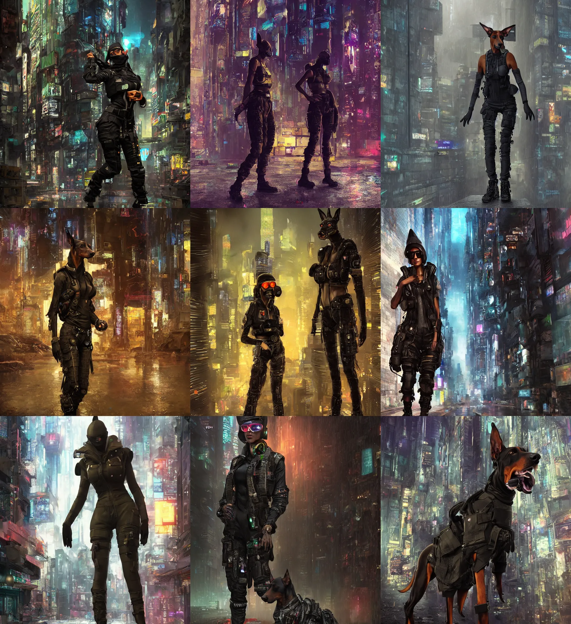 Prompt: female furry anthro doberman, bullet proof vest, cargo pants. cyberpunk city, night, rain. hyper detailed, dynamic background, digital art, trending in artstation, cinematic lighting, studio quality, smooth render, unreal engine 5 rendered, octane rendered, art style by klimt and nixeu and ian sprigger and wlop and krenz cushart