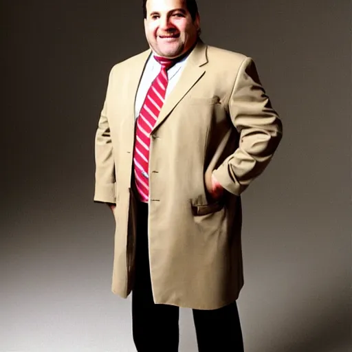 Image similar to full length shot : : clean - shaven smiling white chubby italian american man in his 4 0 s wearing a long brown overcoat and necktie and black shoes shoes shoes holding a burger burger burger, 2 0 0 6 advertising promo shot