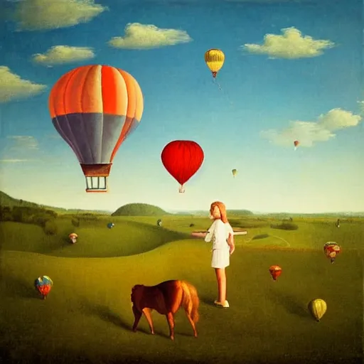 Image similar to a girl and her horse enjoy a hot-air balloon show by Raphael, Hopper, and Rene Magritte. detailed, romantic, enchanting, trending on artstation.