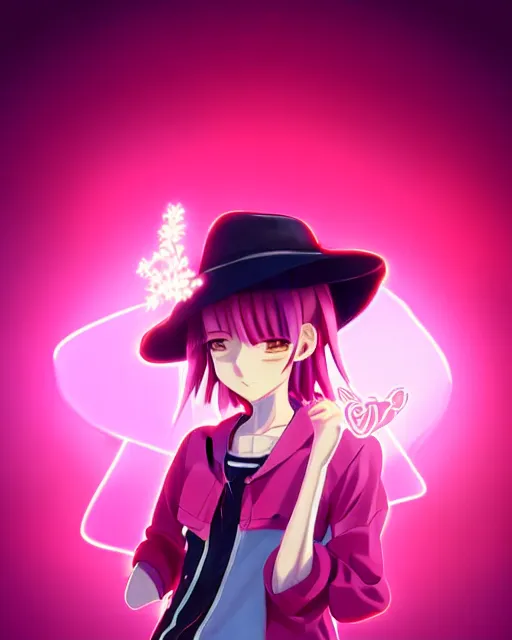 Image similar to anime style, vivid, expressive, full body, 4 k, painting, a cute magical girl with a short pink hair, pink fedora hat and pink jacket, stunning, realistic light and shadow effects, centered, simple background, studio ghibly makoto shinkai yuji yamaguchi