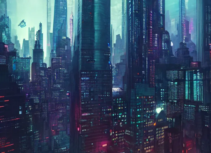 Image similar to cyberpunk scifi scene of new york skyline at night, artstation, matt painting, very detailed, maximalism, ambient occlusion, volumetric light, atmospheric haze, unreal engine, hyper realism, realistic shading, cinematic composition, realistic render, octane render, detailed textures, photorealistic, wide shot