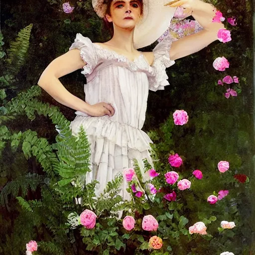 Image similar to on textured canvas full body fashion model emma watson by Winslow Homer smokey eyes makeup eye shadow fantasy, glow, shimmer as victorian woman in a long white frilly lace dress and a large white hat having tea in a sunroom filled with flowers, roses and lush fern flowers ,intricate, night, highly detailed, dramatic lighting , high quality