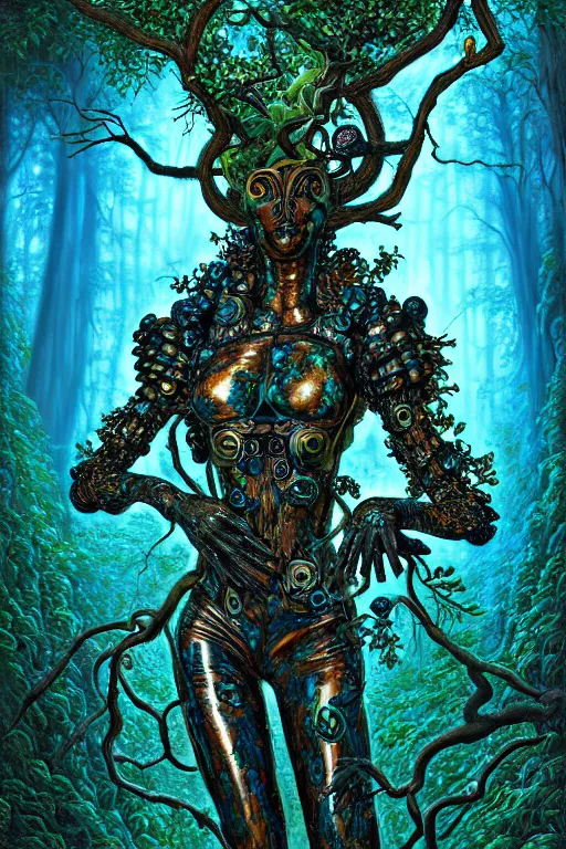 Image similar to hyperrealistic post-rococo super expressive! black woman with exoskeleton armor, merging with tree in a forest, highly detailed digital art masterpiece smooth cam de leon hannah yata dramatic pearlescent blue teal light ground angle hd 8k sharp focus