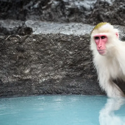 Prompt: Japanese white macaque in a hot pool, award winning photography, cinematic, steam rising off the water