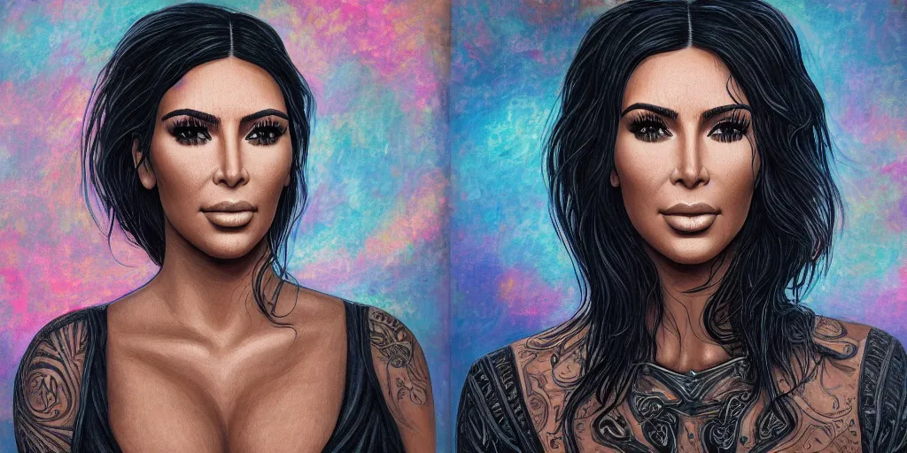 Image similar to kim kardashian in the style of a mastodon album cover, highly detailed, intricate, smooth, elegant, digital painting, artstation, 3 5 mm film grain